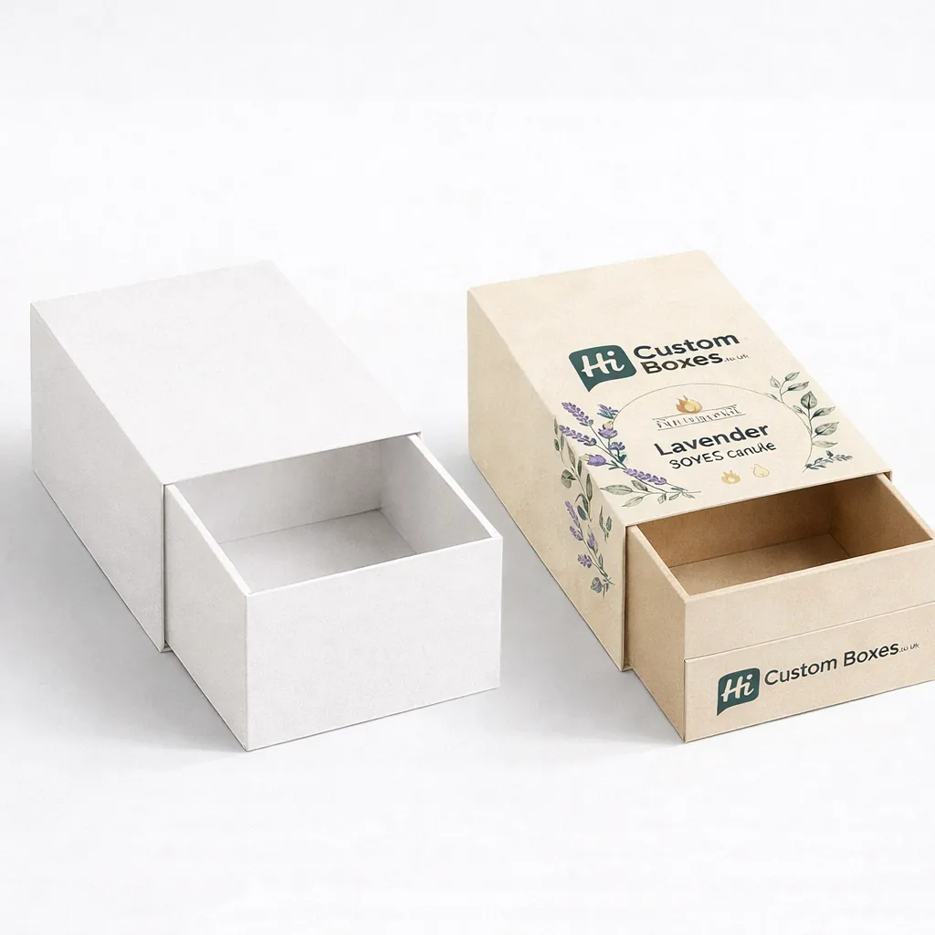 Custom soy candle boxes featuring one simple kraft design and one artistic floral branded box. class=